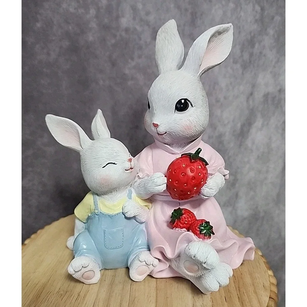 Easter Bunny Rabbit Momma and Baby Bunny With Strawberries Figure Figurine Resin